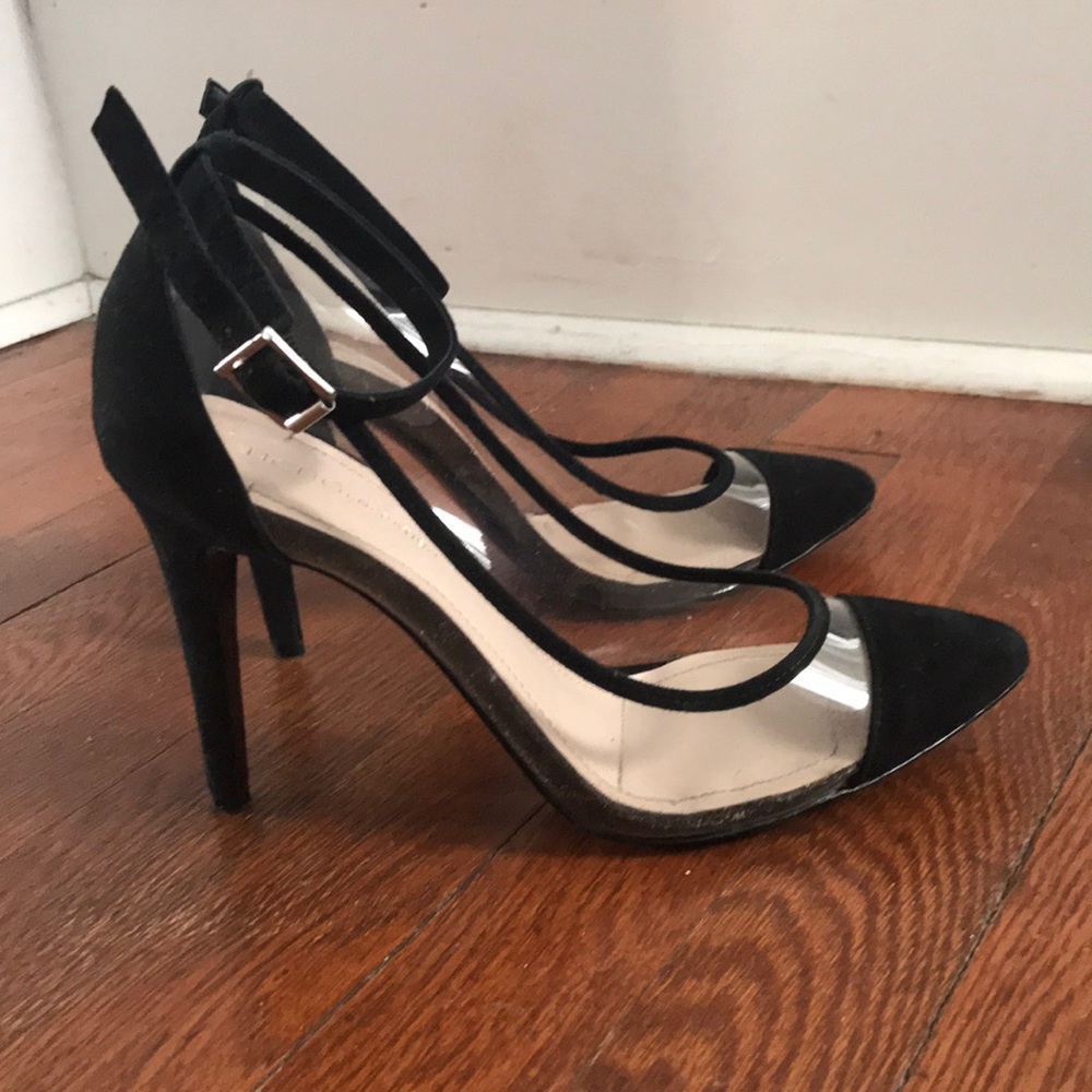 BCBG black suede point see-through heels 7.5/37.5